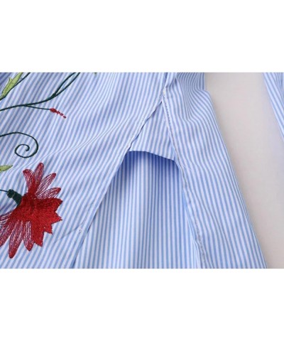 Women Flower Embroidered Striped Button Down Side Split Blouse Shirt with Pocket Blue $12.15 Blouses