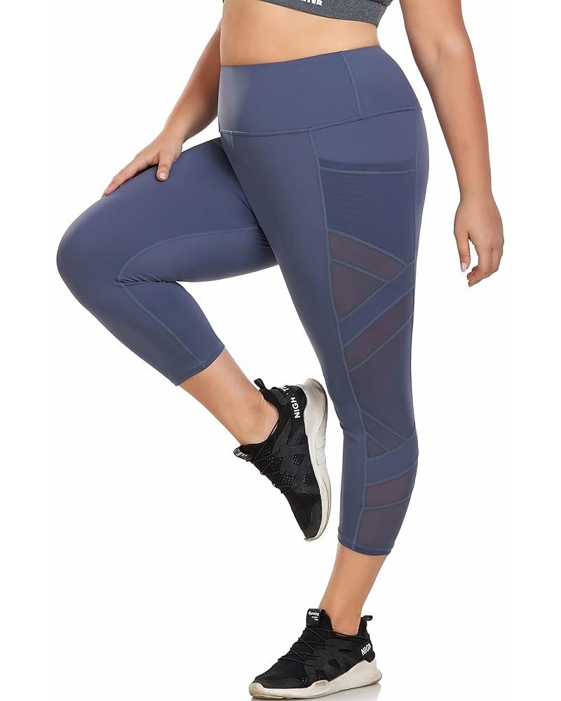 Women's Plus Size Leggings High Waisted Yoga Pants with Pockets Mesh Workout Leggings Tummy Control Running Dusty Blue $13.80...