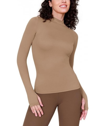 Cloud Feeling Long Sleeve Shirts with Thumb Hole for Women Mock Neck Yoga T-Shirts Workout Tops Light Brown $13.24 Activewear