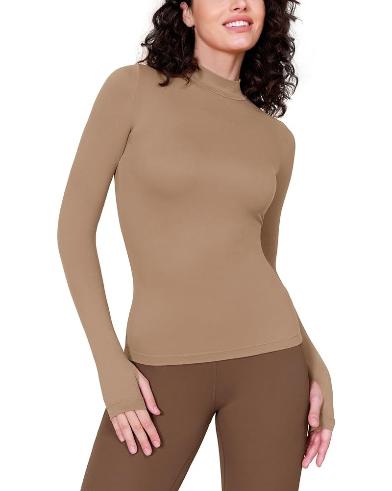 Cloud Feeling Long Sleeve Shirts with Thumb Hole for Women Mock Neck Yoga T-Shirts Workout Tops Light Brown $13.24 Activewear