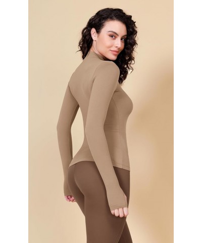 Cloud Feeling Long Sleeve Shirts with Thumb Hole for Women Mock Neck Yoga T-Shirts Workout Tops Light Brown $13.24 Activewear