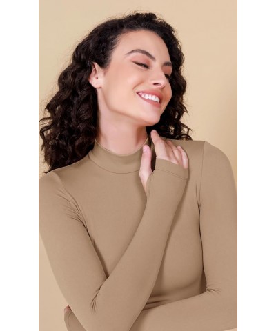 Cloud Feeling Long Sleeve Shirts with Thumb Hole for Women Mock Neck Yoga T-Shirts Workout Tops Light Brown $13.24 Activewear