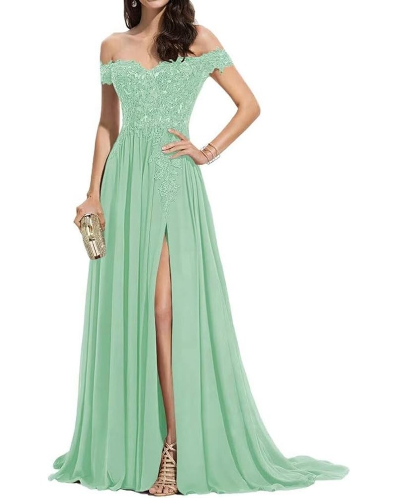 Laces Chiffon Prom Dresses for Women Off Shoulder Long Slit Bridesmiad Formal Evening Party Gown ZS28 Mint $37.68 Dresses