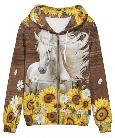 Women's Zip Up Hoodies Casual Long Sleeve Track Jackets Hooded Sweatshirts With Pockets XS-5XL Horse Sunflower $22.71 Jackets