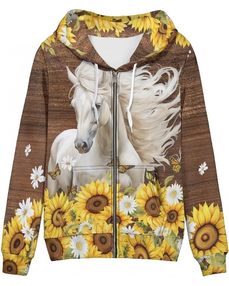 Women's Zip Up Hoodies Casual Long Sleeve Track Jackets Hooded Sweatshirts With Pockets XS-5XL Horse Sunflower $22.71 Jackets