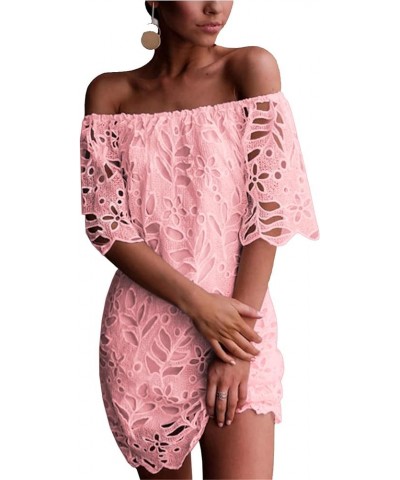 Women's Summer Off Shoulder Vintage Floral Lace Flare Short Sleeve Loose Elegant Mini Dress Pink $26.45 Dresses