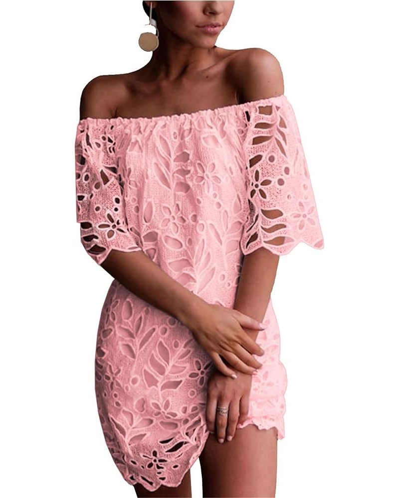 Women's Summer Off Shoulder Vintage Floral Lace Flare Short Sleeve Loose Elegant Mini Dress Pink $26.45 Dresses