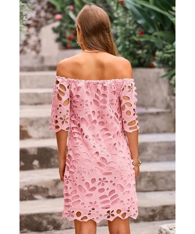 Women's Summer Off Shoulder Vintage Floral Lace Flare Short Sleeve Loose Elegant Mini Dress Pink $26.45 Dresses