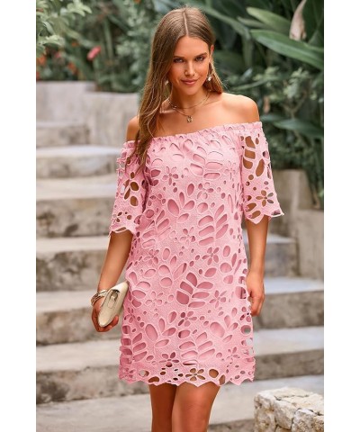 Women's Summer Off Shoulder Vintage Floral Lace Flare Short Sleeve Loose Elegant Mini Dress Pink $26.45 Dresses