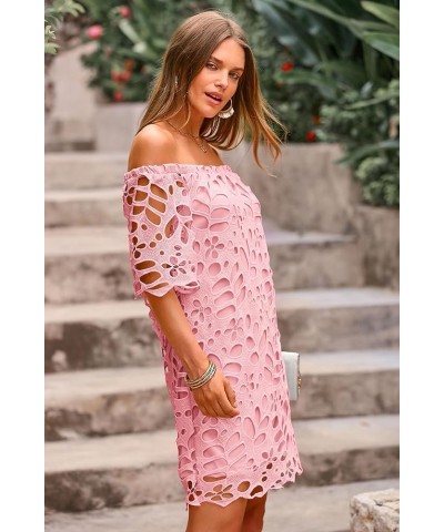 Women's Summer Off Shoulder Vintage Floral Lace Flare Short Sleeve Loose Elegant Mini Dress Pink $26.45 Dresses