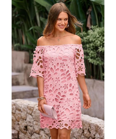 Women's Summer Off Shoulder Vintage Floral Lace Flare Short Sleeve Loose Elegant Mini Dress Pink $26.45 Dresses