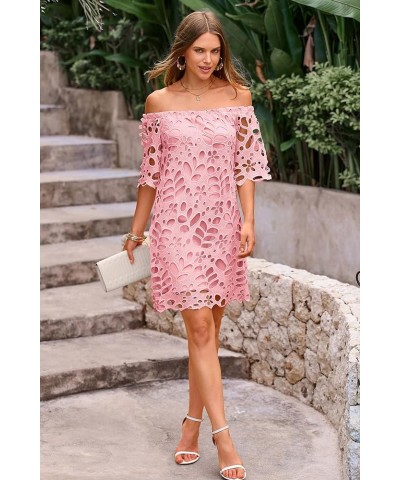 Women's Summer Off Shoulder Vintage Floral Lace Flare Short Sleeve Loose Elegant Mini Dress Pink $26.45 Dresses