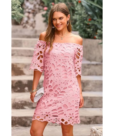 Women's Summer Off Shoulder Vintage Floral Lace Flare Short Sleeve Loose Elegant Mini Dress Pink $26.45 Dresses