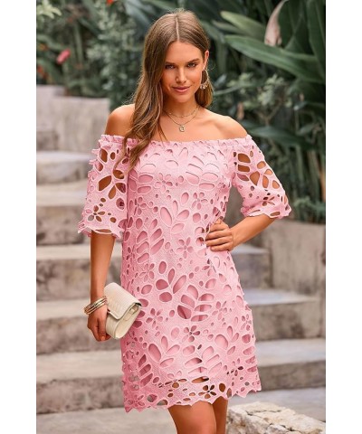 Women's Summer Off Shoulder Vintage Floral Lace Flare Short Sleeve Loose Elegant Mini Dress Pink $26.45 Dresses