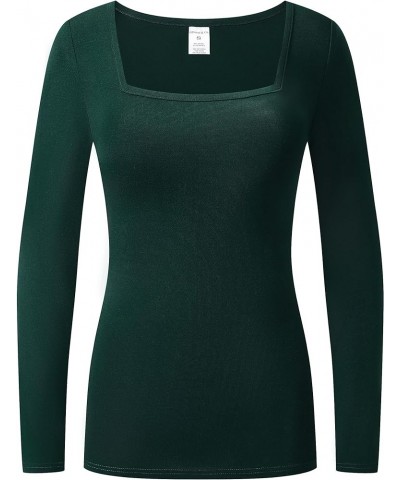 Women's Long Sleeve T-Shirt Comfy Square Neck Shirts Basic Stretch Layer Deep Forest Green $10.74 T-Shirts