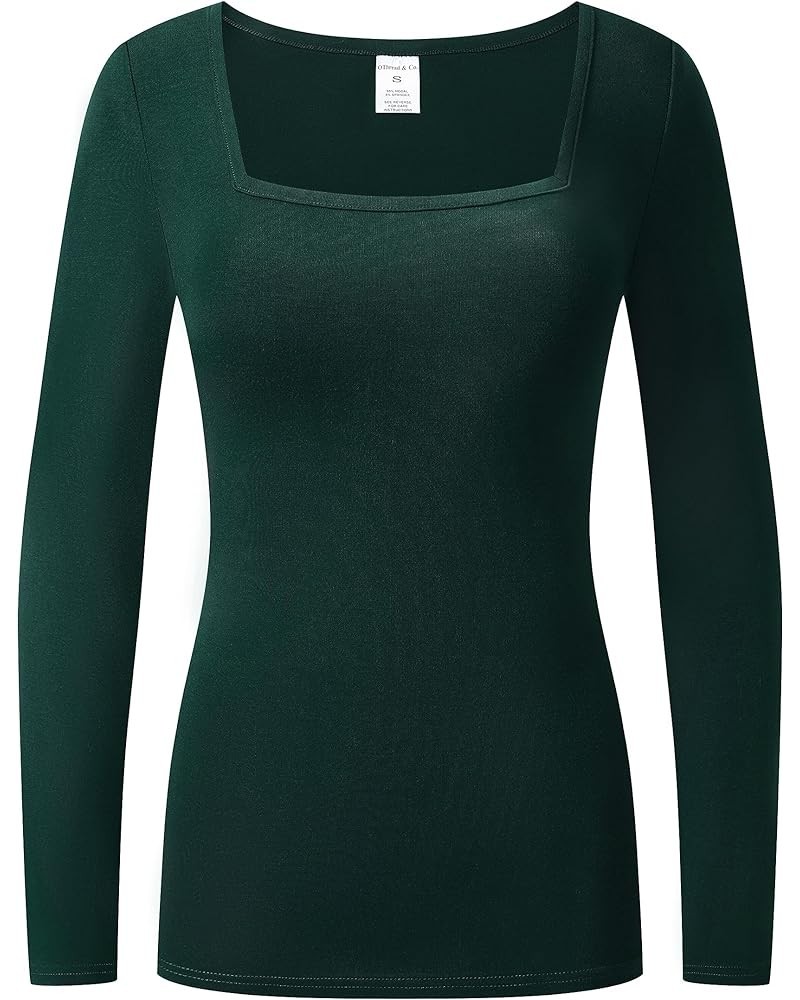 Women's Long Sleeve T-Shirt Comfy Square Neck Shirts Basic Stretch Layer Deep Forest Green $10.74 T-Shirts