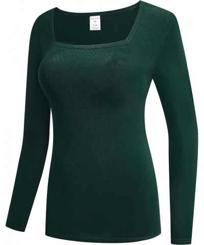 Women's Long Sleeve T-Shirt Comfy Square Neck Shirts Basic Stretch Layer Deep Forest Green $10.74 T-Shirts