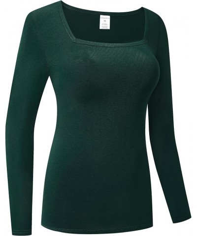 Women's Long Sleeve T-Shirt Comfy Square Neck Shirts Basic Stretch Layer Deep Forest Green $10.74 T-Shirts