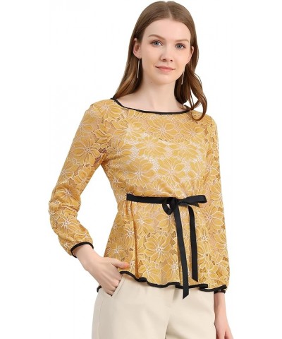 Women's Elegant Tie Waist Long Sleeve Top Lace Peplum Blouses Yellow $16.66 Blouses