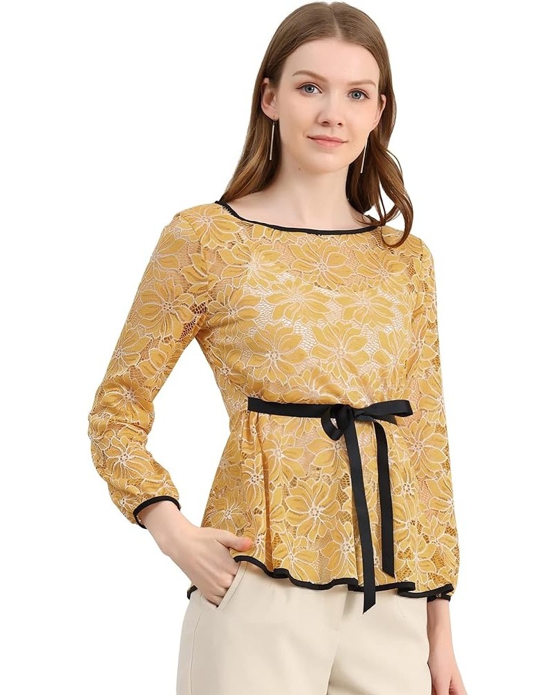 Women's Elegant Tie Waist Long Sleeve Top Lace Peplum Blouses Yellow $16.66 Blouses