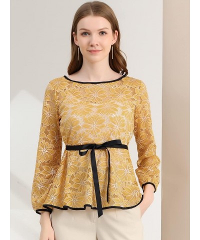 Women's Elegant Tie Waist Long Sleeve Top Lace Peplum Blouses Yellow $16.66 Blouses