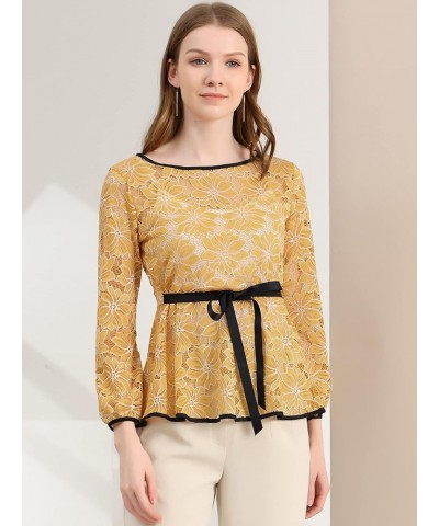 Women's Elegant Tie Waist Long Sleeve Top Lace Peplum Blouses Yellow $16.66 Blouses