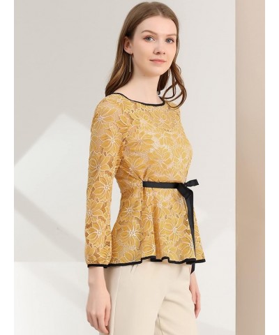 Women's Elegant Tie Waist Long Sleeve Top Lace Peplum Blouses Yellow $16.66 Blouses