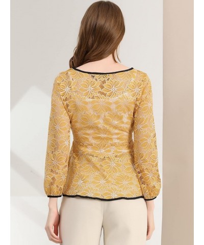 Women's Elegant Tie Waist Long Sleeve Top Lace Peplum Blouses Yellow $16.66 Blouses