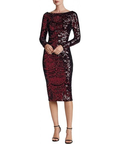 Women's Emery Long Sleeve Stretch Sequin Midi Sheath Burgundy/Black $98.78 Dresses