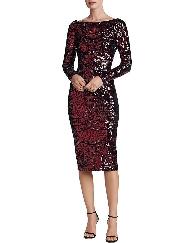 Women's Emery Long Sleeve Stretch Sequin Midi Sheath Burgundy/Black $98.78 Dresses