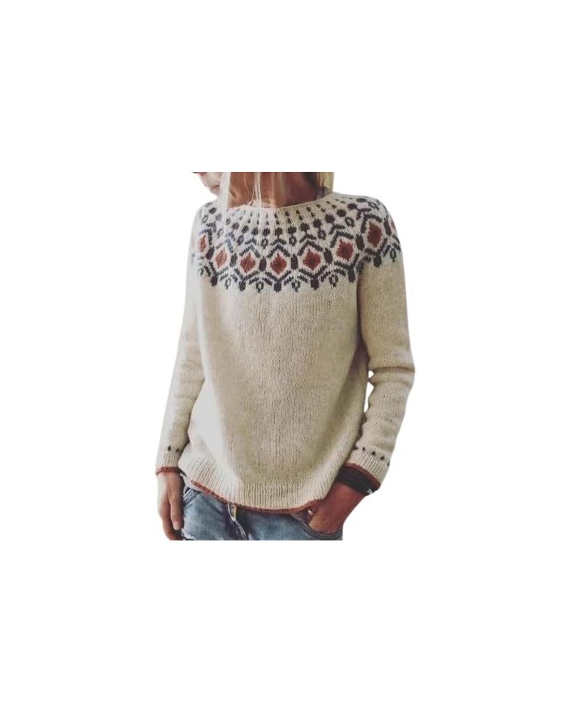 Women's Fair Isle Boho Sweater Crewneck Knit Pullover Long Sleeve Casual Oversized Vintage Sweater Tops Print4-2 $18.28 Sweaters