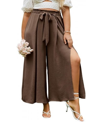 Simplee Women's Elegant Striped Split High Waisted Belted Flowy Wide Leg Pants With Slit E11_coffee $19.07 Pants