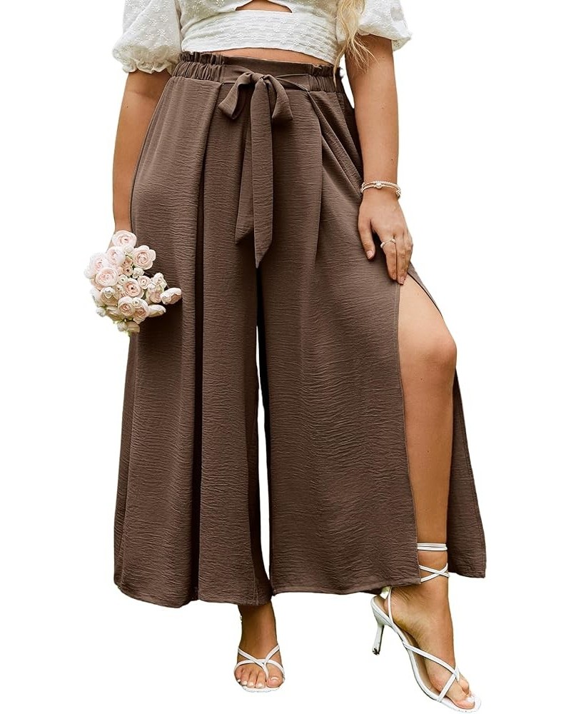 Simplee Women's Elegant Striped Split High Waisted Belted Flowy Wide Leg Pants With Slit E11_coffee $19.07 Pants