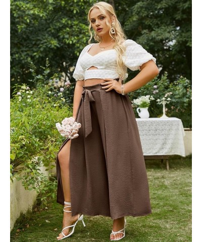 Simplee Women's Elegant Striped Split High Waisted Belted Flowy Wide Leg Pants With Slit E11_coffee $19.07 Pants