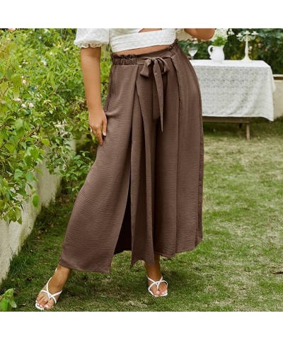 Simplee Women's Elegant Striped Split High Waisted Belted Flowy Wide Leg Pants With Slit E11_coffee $19.07 Pants