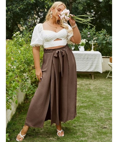 Simplee Women's Elegant Striped Split High Waisted Belted Flowy Wide Leg Pants With Slit E11_coffee $19.07 Pants