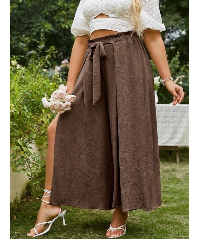 Simplee Women's Elegant Striped Split High Waisted Belted Flowy Wide Leg Pants With Slit E11_coffee $19.07 Pants