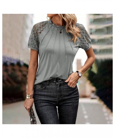 Summer Lace Tops for Women Pleated Eyelet Basic Tees Hollow Puff Sleeve Embroidery Shirts Solid Color Blouse Am14-gray $7.64 ...