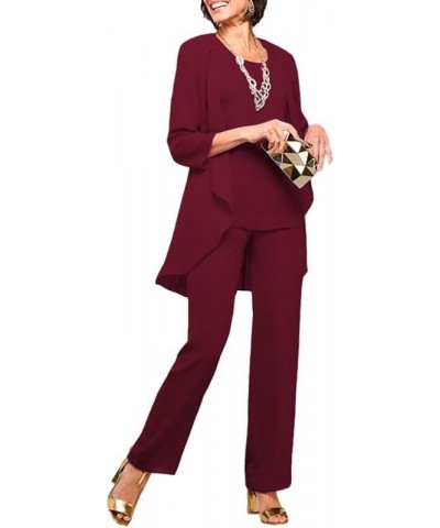 3Pcs Mother of The Bride Pants Suits for Wedding Long Chiffon Evening Gown with Jacket Formal Party Outfit Pants Suit Burgund...