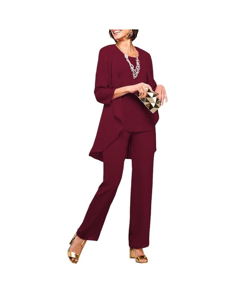 3Pcs Mother of The Bride Pants Suits for Wedding Long Chiffon Evening Gown with Jacket Formal Party Outfit Pants Suit Burgund...