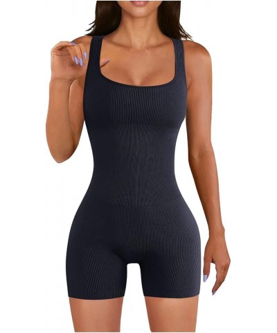 Jumpsuits for Women Ribbed Yoga Bodycon Jumpsuit One Piece Tank Tops Rompers Square Neck Bodysuits Shorts Overalls 2024 D-nav...