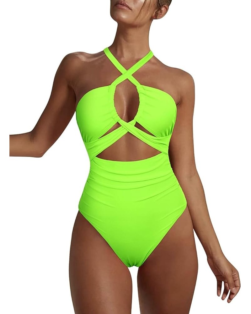 Women's Sexy Cutout One Piece Swimsuit Halter Plunge Neckline Bathing Suits High Cut Criss Cross Monokini Swimwear Fluorescen...