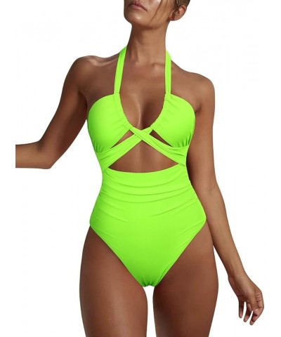 Women's Sexy Cutout One Piece Swimsuit Halter Plunge Neckline Bathing Suits High Cut Criss Cross Monokini Swimwear Fluorescen...