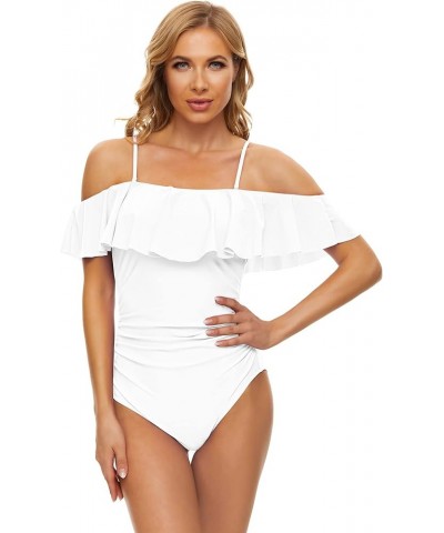 Women's Off Shoulder One Piece Swimsuits Ruffle Tummy Control Bathing Suit Flounce Lace Up Swimwear White $22.54 Swimsuits