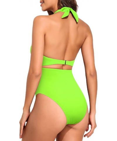 Women's Sexy Cutout One Piece Swimsuit Halter Plunge Neckline Bathing Suits High Cut Criss Cross Monokini Swimwear Fluorescen...