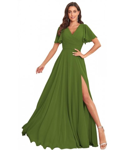 Women's V Neck Bridesmaid Dresses with Sleeves for Wedding Long A-Line Chiffon Formal Evening Gown with Pockets Olive Green $...