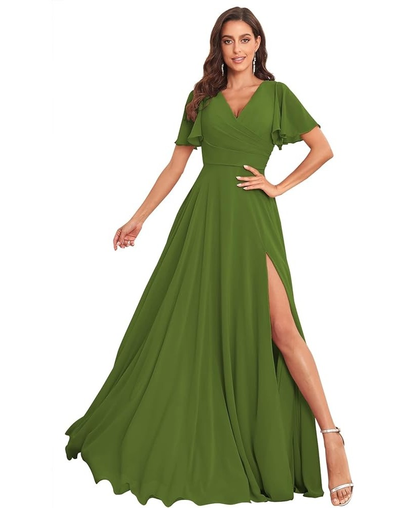 Women's V Neck Bridesmaid Dresses with Sleeves for Wedding Long A-Line Chiffon Formal Evening Gown with Pockets Olive Green $...