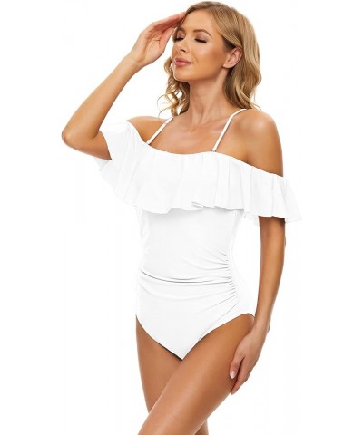 Women's Off Shoulder One Piece Swimsuits Ruffle Tummy Control Bathing Suit Flounce Lace Up Swimwear White $22.54 Swimsuits