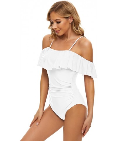 Women's Off Shoulder One Piece Swimsuits Ruffle Tummy Control Bathing Suit Flounce Lace Up Swimwear White $22.54 Swimsuits