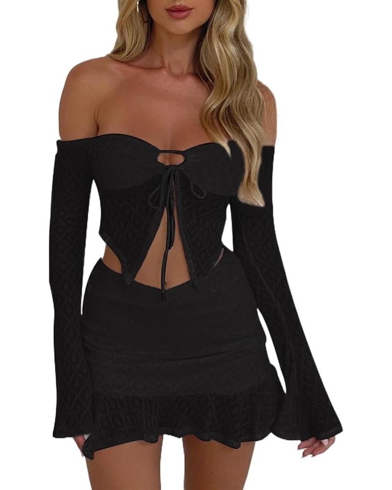 2 Pieces Mini Skirt Set for Women Elegant Lace Strapless Crop Tube Top Bodycon Skirts Y2K Matching Sets Cutout Black $16.11 S...